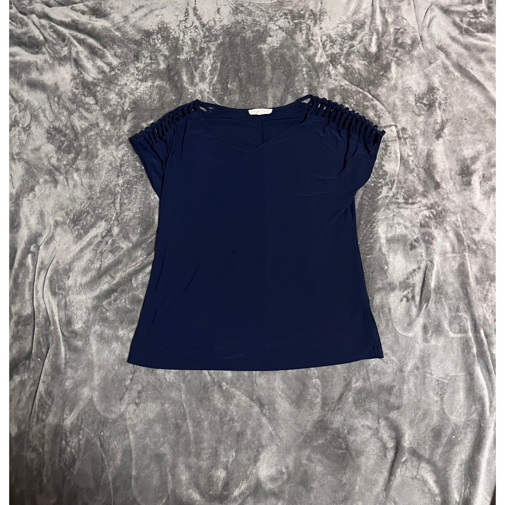 Perception Concept Navy Blue V-Neck Top Cage Shoulder Cutout Blouse Medium
